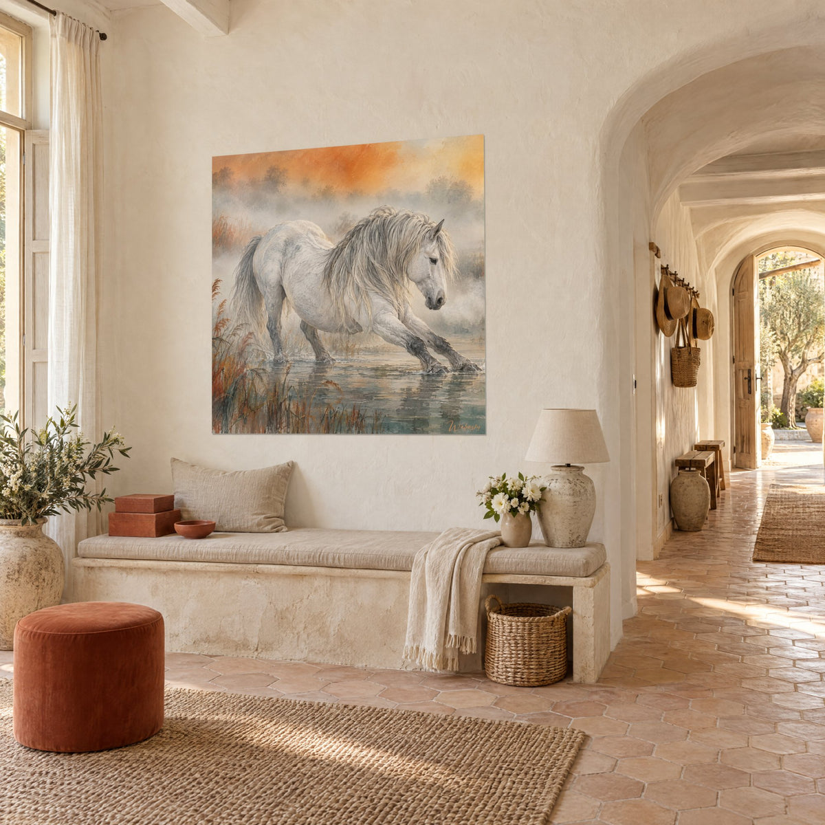 Gemälde Camargue-Hengst in Perlgrau mit spritzenden Beinen, orangefarbener Himmel und rotbraunes Schilf, Dreiviertelansicht in einem provenzalischen Mas