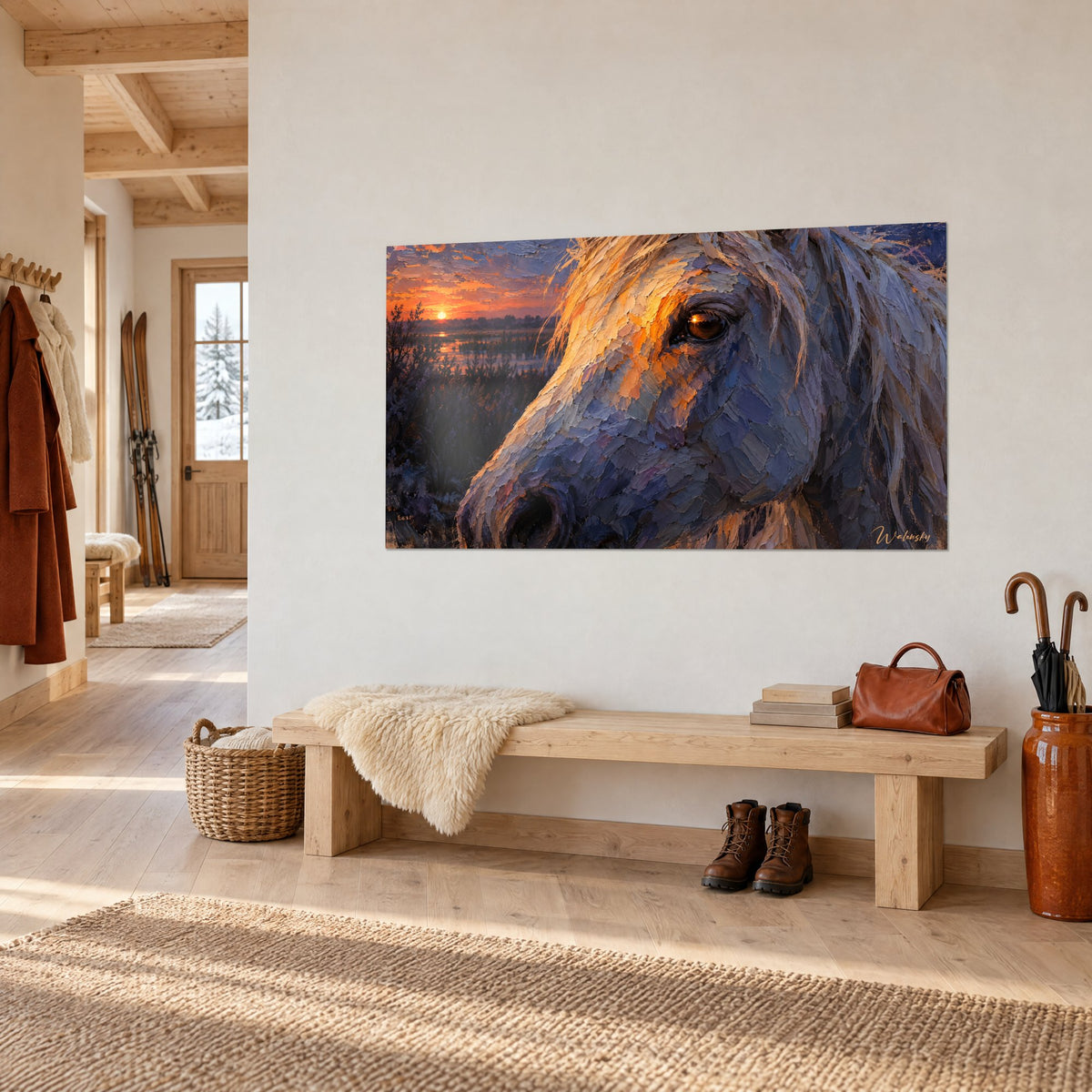 Tableau Camargue à la robe gris-bleu striée d'ambre, œil brillant face à l'horizon rouge, sur un mur de chalet clair