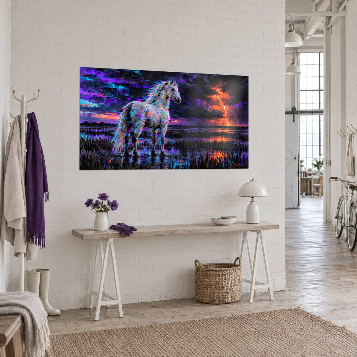 Tableau cheval de Camargue aux crinières givrées, ciel pourpre et foudre orangée, mur de briques blanches d'un loft