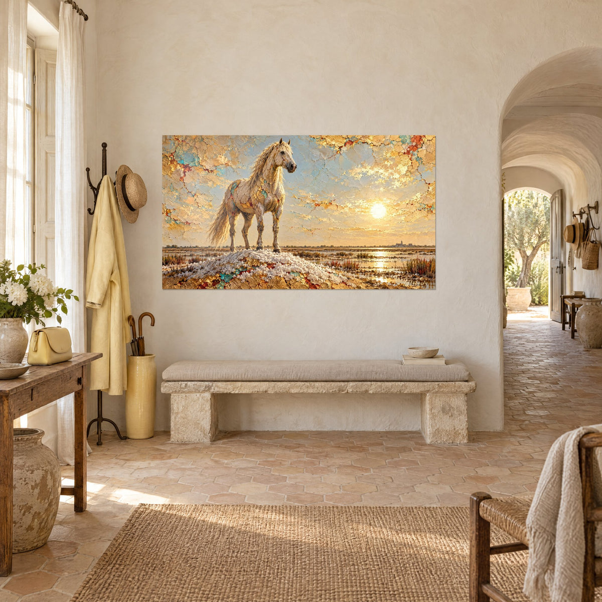 Tableau cheval de Camargue ivoire sous un soleil pâle, craquelures ocre et turquoise, vu de trois quarts dans un mas provençal