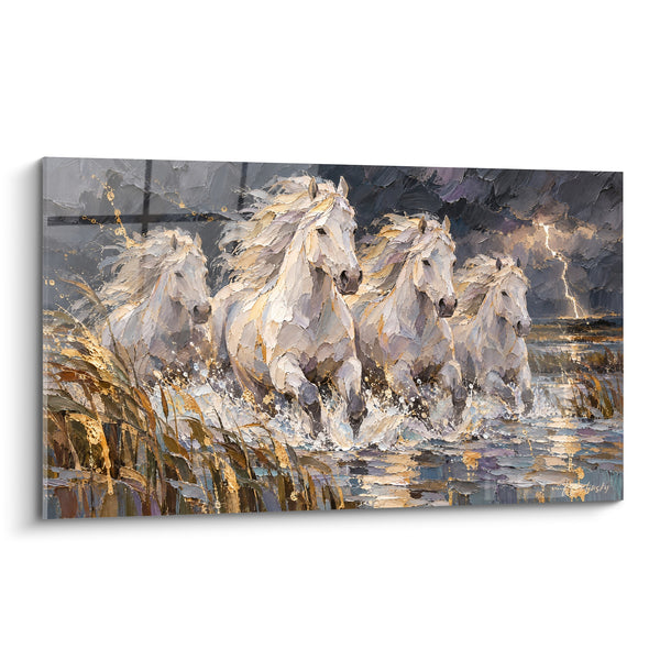 Tableau Chevaux blancs dorés traversant l'eau - Charge sauvage - Edition Cheval de Camargue
