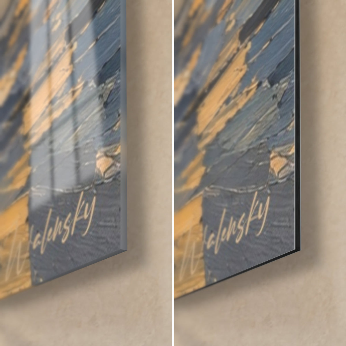 Tableau étalon gris dans l'eau dorée, coin bas droit : verre brillant à gauche, Dibond mat à droite, tranche de 3 mm