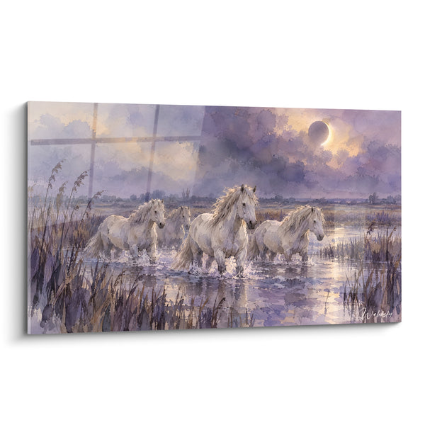 Tableau Chevaux blancs violets et dorés sous éclipse - Troupeau dans les roseaux - Edition Cheval de Camargue