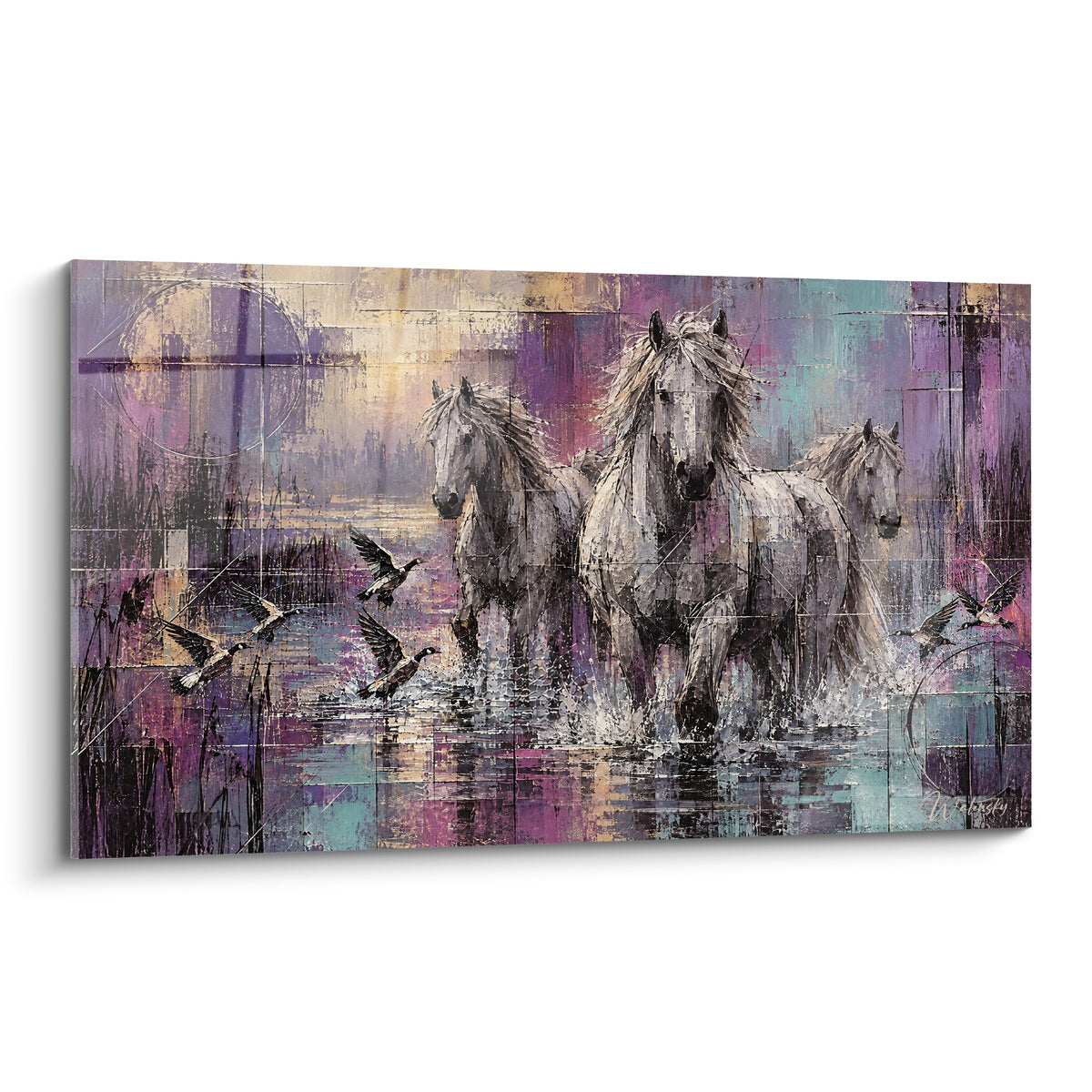 Tableau Cheval de Camargue blanc traversant une eau violette et turquoise au crépuscule