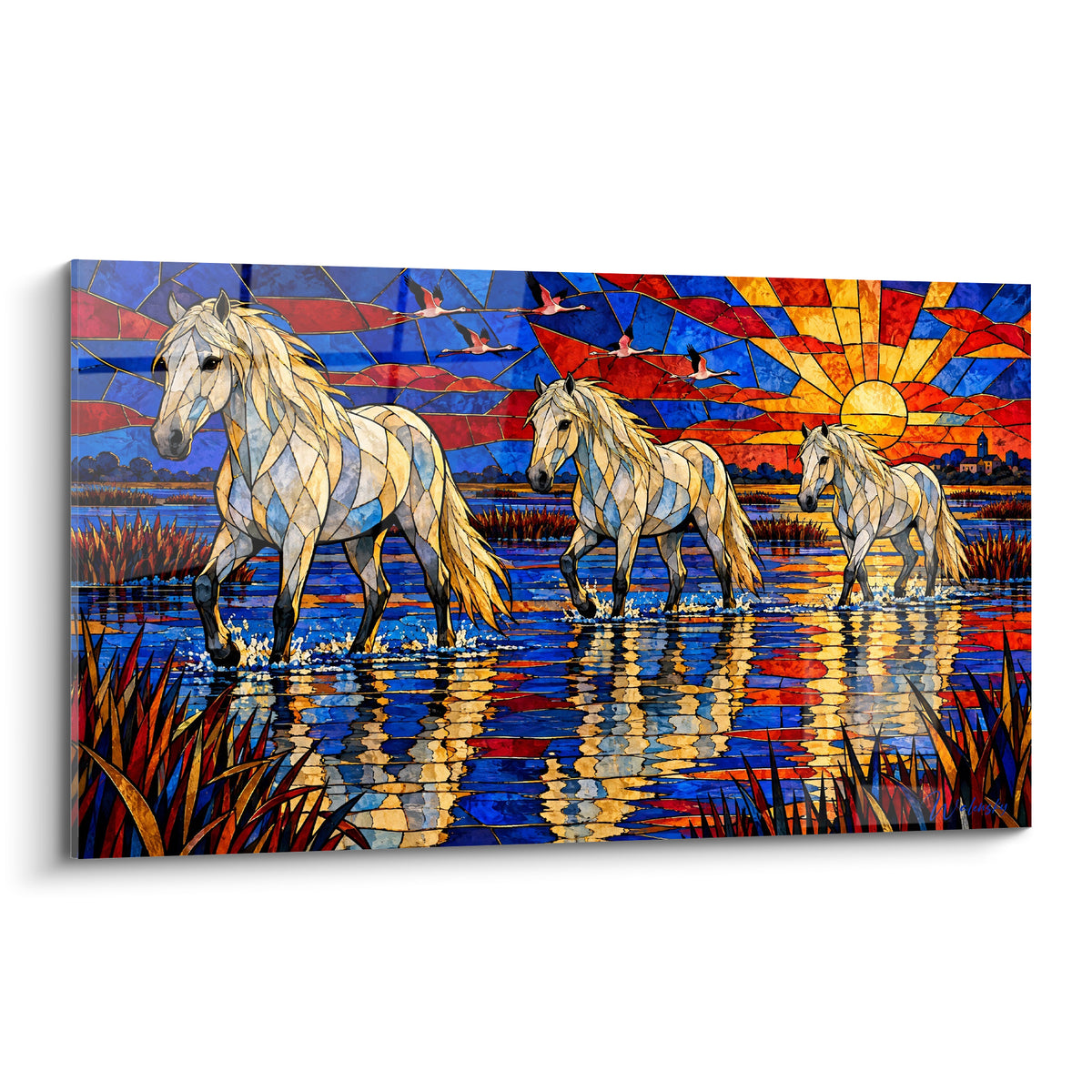 Tableau Cheval de Camargue blanc traversant un marais aux reflets bleu marine et orangé flamboyant