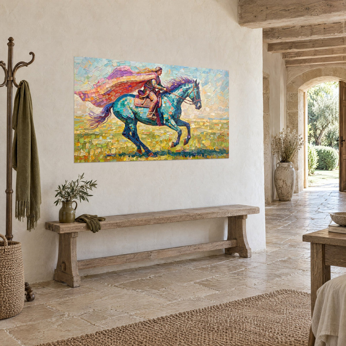 Tableau chevauchée flamboyante : coursier bleu-vert en tesselles, crinière violette, prairie jaune, sur mur de pierre