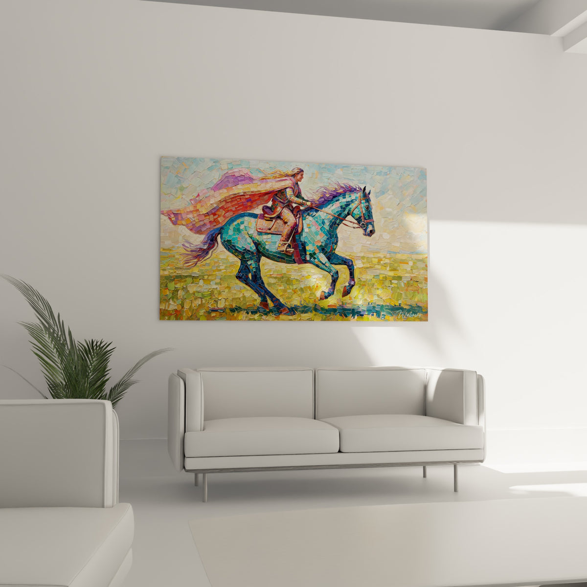 Cape rose et corail flottant derrière une cavalière sur cheval émeraude, œuvre au-dessus d'un canapé dans un salon lumineux