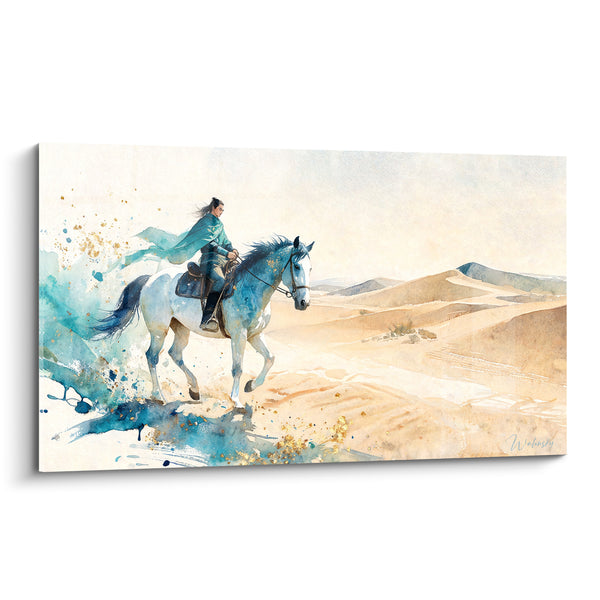 Tableau Cavalier bleu traversant des dunes dorées - Traversée du désert - Edition Cheval