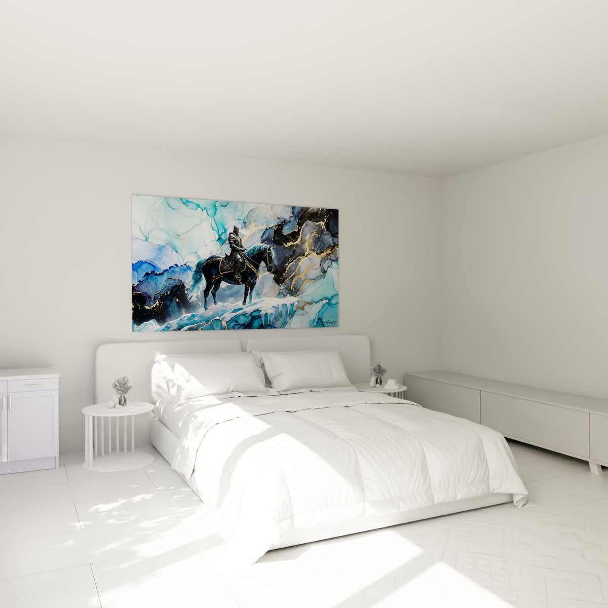 Cavalier médiéval et cheval sombre sur roche glacée dorée, au-dessus d'un lit dans une chambre claire