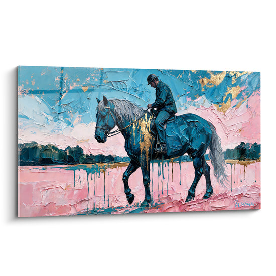 Tableau Cavalier bleu et rose aux coulures dorées - Chevauchée du crépuscule - Edition Cheval