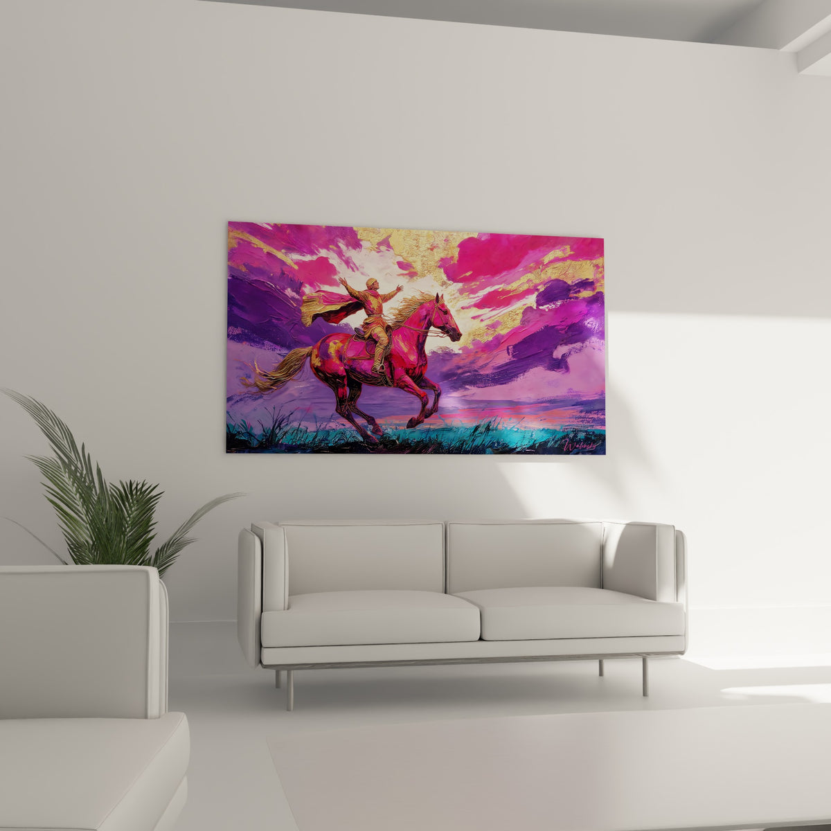 Cavalier triomphant sur cheval rose et violet, crinière dorée flottante, au-dessus d'un canapé dans un salon lumineux
