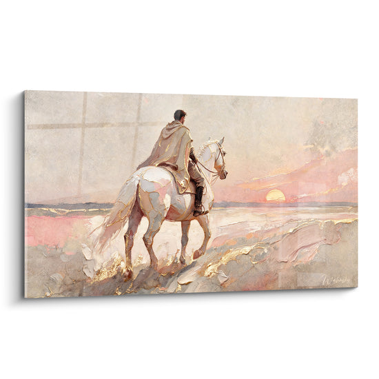 Tableau Cavalier blanc et rose face au soleil sur l'estran - Manteau à capuche doré - Edition Cheval