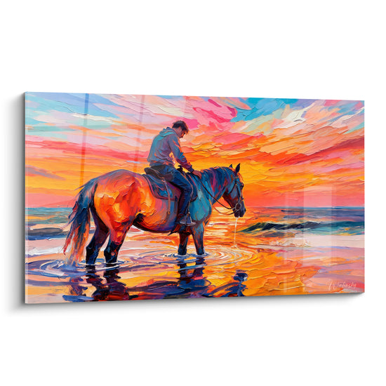 Tableau Cavalier sur cheval fauve dans l'eau - Pause au crépuscule - Edition Cheval