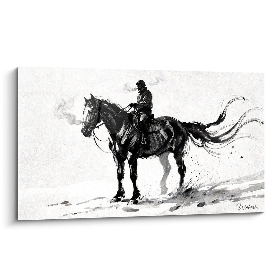 Tableau Cavalier noir à la crinière tourbillonnante - Halte dans le froid - Edition Cheval