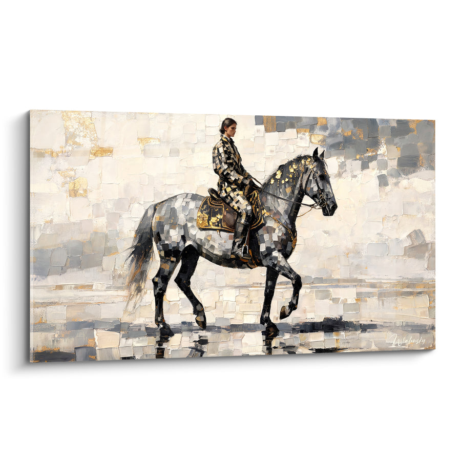 Tableau Cavalier gris et doré au pas mosaïqué - Reflets au sol - Edition Cheval