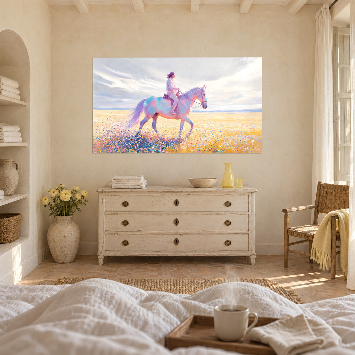 Tableau monture pastel aux reflets bleus et roses, cavalier en chemise claire, champ jaune moucheté, au-dessus d'un lit dans une chambre claire