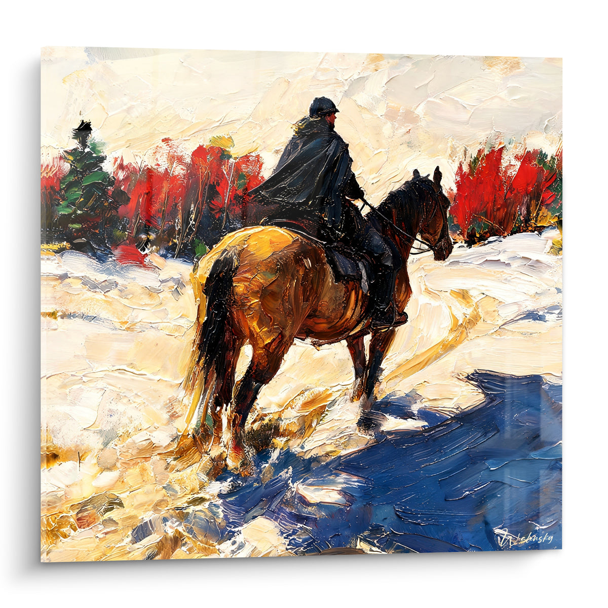 Tableau cheval fauve et cavalier en manteau sombre traversant une neige dorée et bleutée