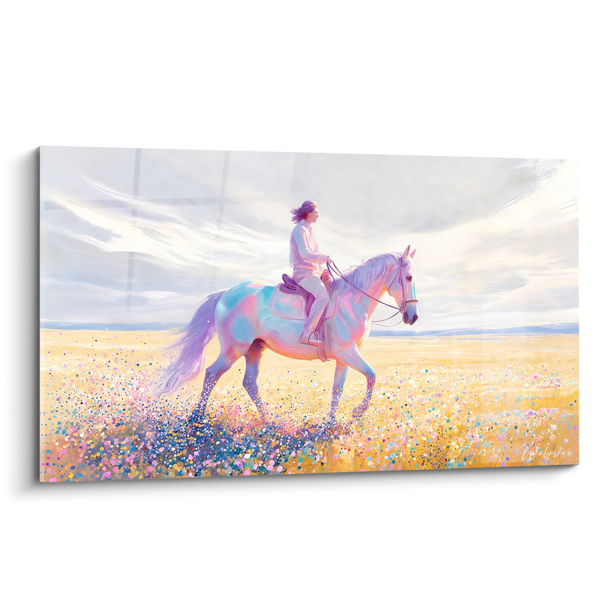 Cavalier en tenue claire chevauchant un cheval bleu et rose dans un champ doré fleuri