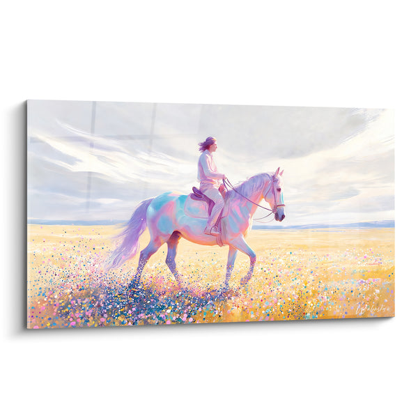 Tableau Cavalier irisé traversant une prairie fleurie - Chevauchée lumineuse - Edition Cheval