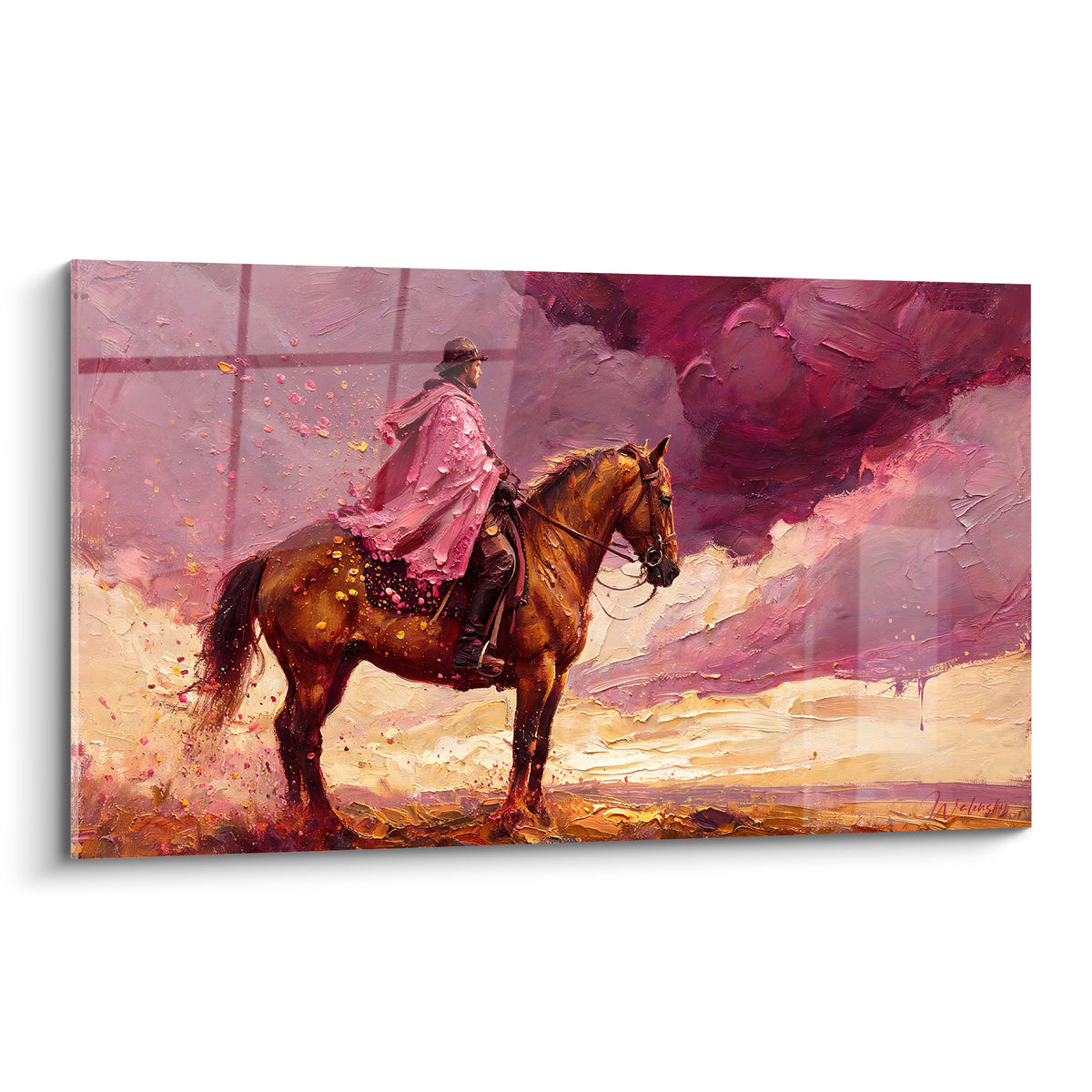 Cavalier en poncho rose sur cheval brun fauve, ciel pourpre embrasé et sol ocre texturé