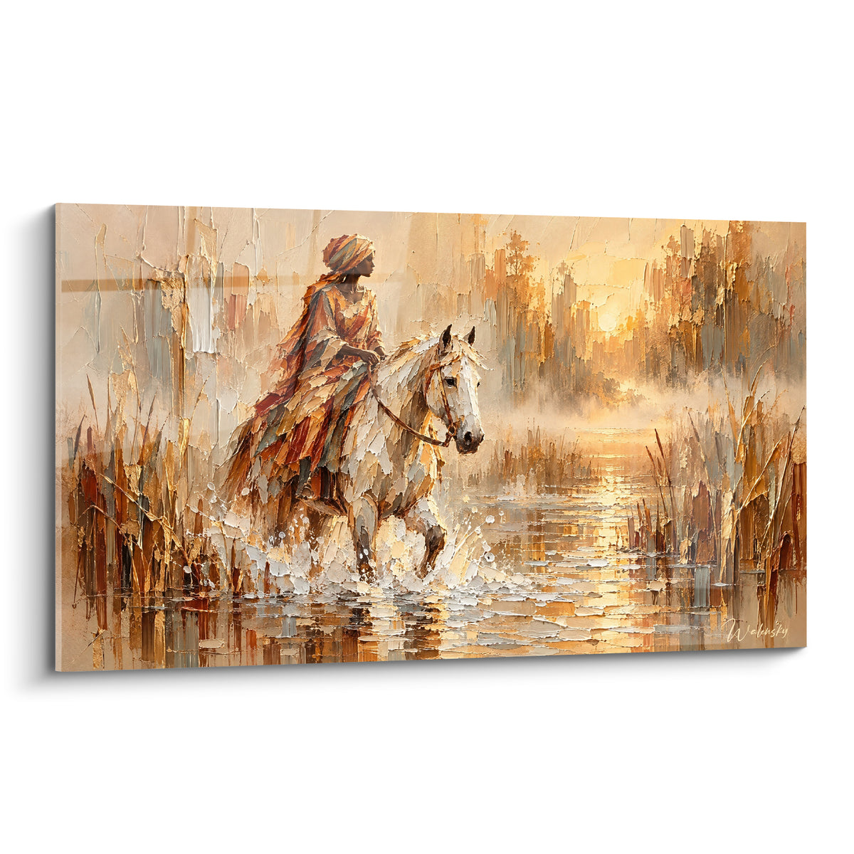 Tableau cheval blanc traversant une rivière dorée, cavalier en tenue brune et ocre au couteau