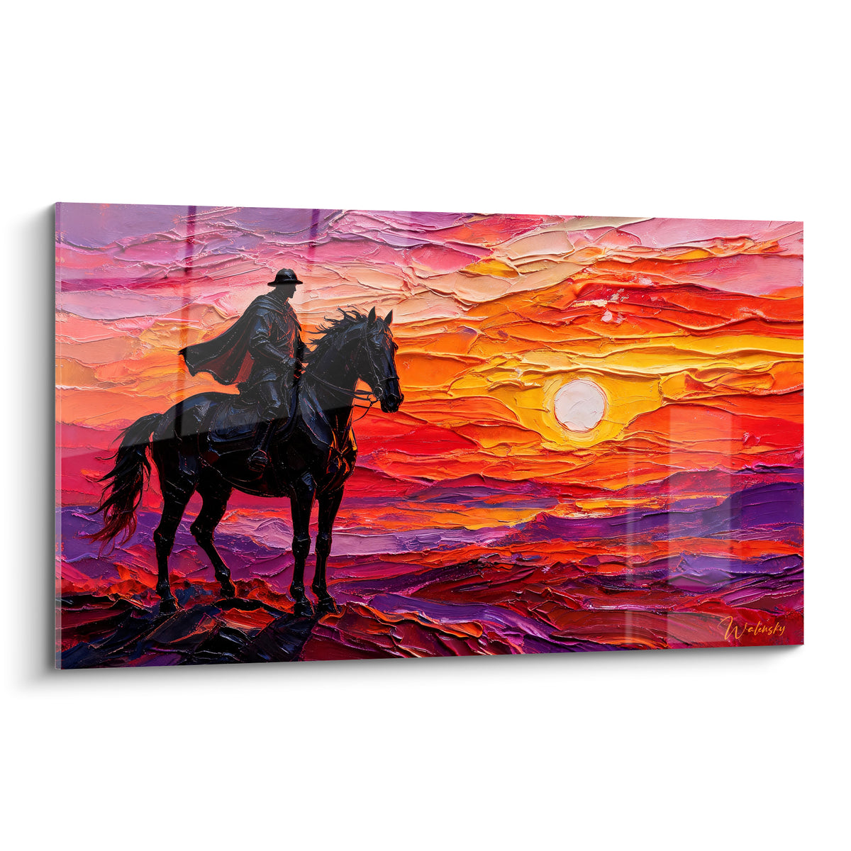 Cavalier silhouette noire sur cheval face à un soleil orange et violet incandescent