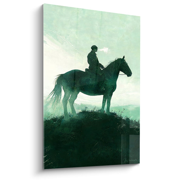 Tableau Cavalier vert et noir soufflant un nuage de vapeur - Silhouette sur la colline - Edition Cheval
