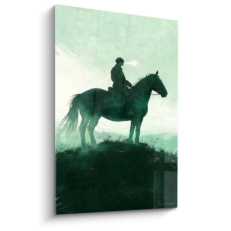 Tableau Cavalier vert et noir soufflant un nuage de vapeur - Silhouette sur la colline - Edition Cheval