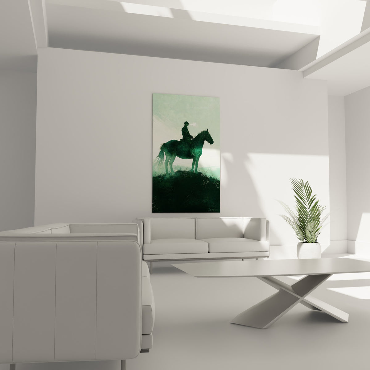 Cavalier monté sur un cheval anthracite dans une brume blanche, au-dessus d'un canapé dans un salon lumineux