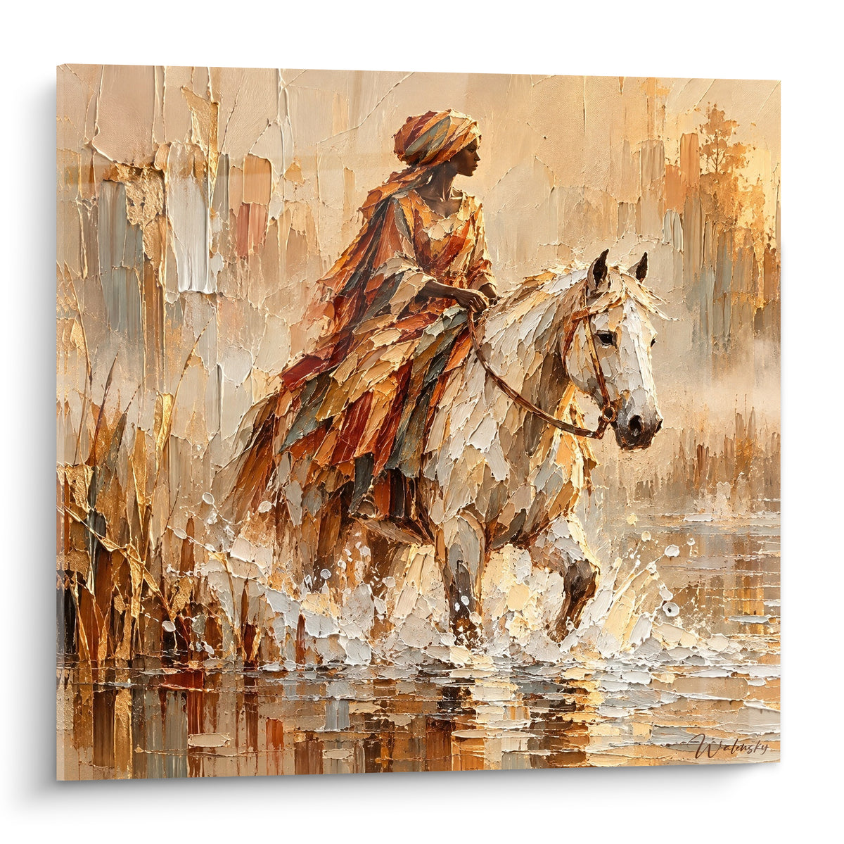 Tableau cheval blanc portant une cavalière au drapé rouge et ocre traversant une rivière dorée