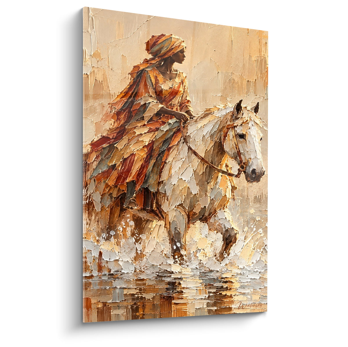 Tableau cheval blanc porté par une cavalière drapée ocre et terracotta traversant une eau dorée