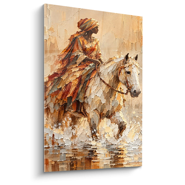 Tableau Cavalière drapée traversant une eau dorée - Traversée dorée - Edition Cheval