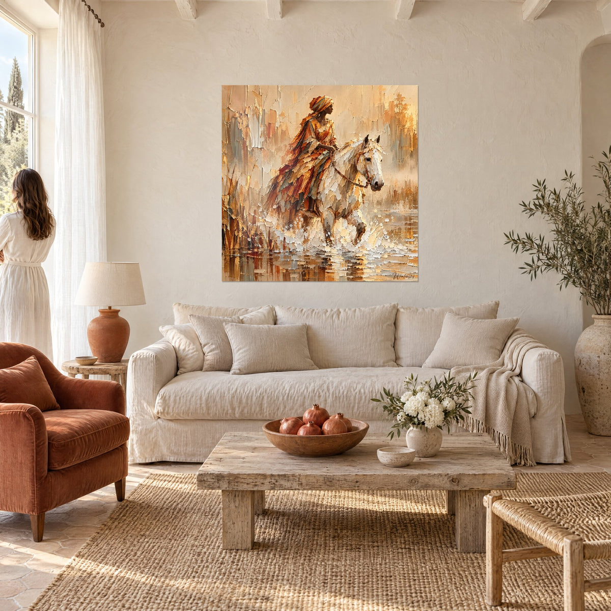Tableau cavalière enturbannée sur cheval blanc franchissant l'eau, tons ocre et cuivre, au-dessus d'un canapé dans un salon lumineux