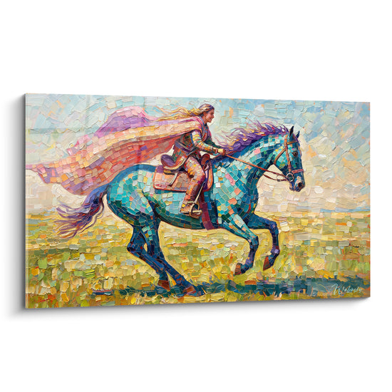 Tableau Cavalière au cheval turquoise et cape rose - Chevauchée flamboyante - Edition Cheval