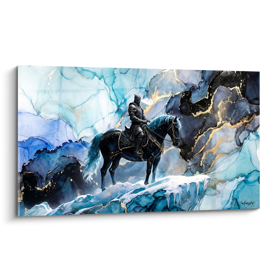 Tableau Chevalier en armure sur promontoire glacé bleu et doré - Veille du guerrier - Edition Cheval