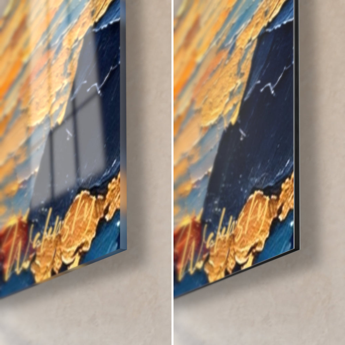 Tableau cheval bleu et son poulain, coin bas droit : verre acrylique brillant à gauche, Dibond mat à droite, tranche de 3 mm