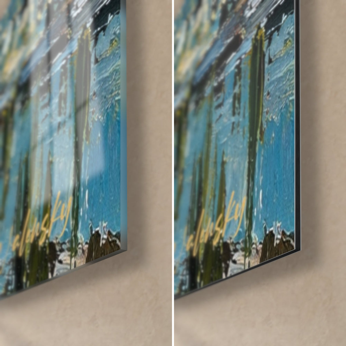 Tableau cheval sombre, coin bas droit : verre acrylique brillant à gauche, Dibond mat à droite, tranche de 3 mm