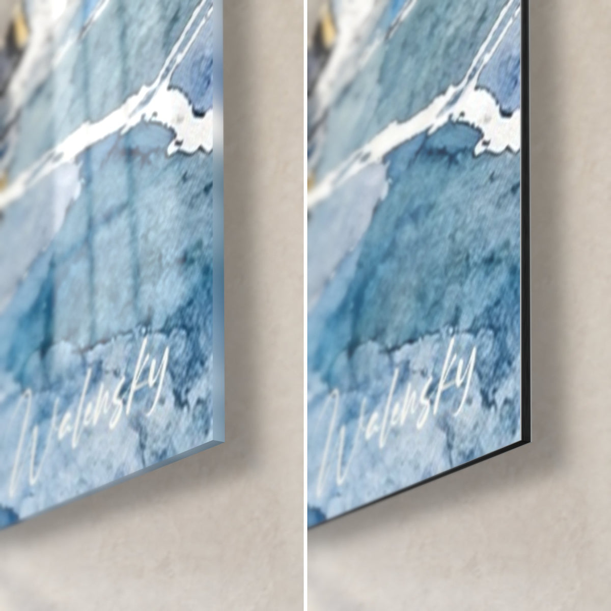Tableau coursier en aquarelle, coin bas droit : verre acrylique brillant et alu Dibond mat, bleu givré, tranche de 3 mm