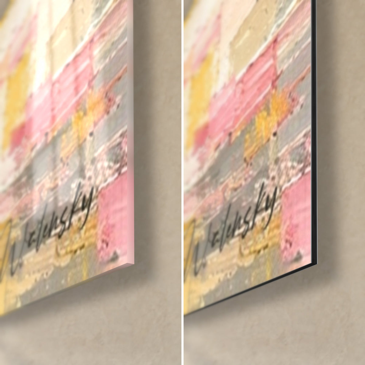 Tableau cheval en touches roses et jaune doré, coin bas droit : verre acrylique brillant à gauche, Dibond mat à droite