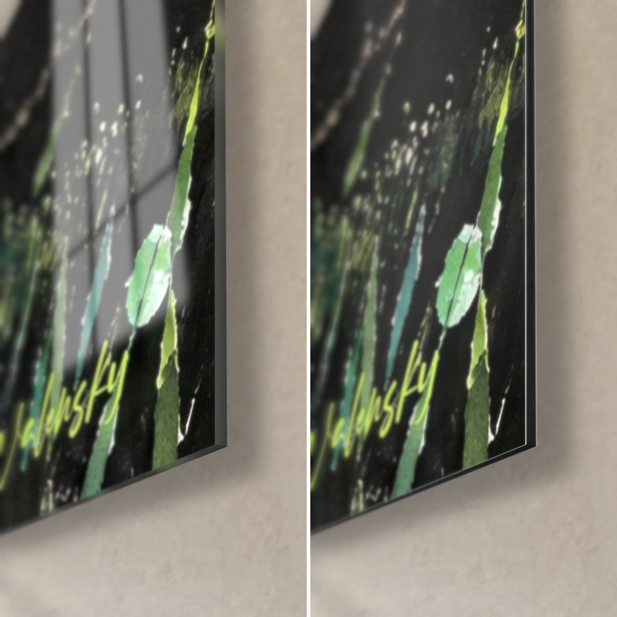 Tableau cheval noir, coin bas droit : verre acrylique brillant et reflets à gauche, alu Dibond mat à droite, brins d'herbe vert menthe, tranche 3 mm