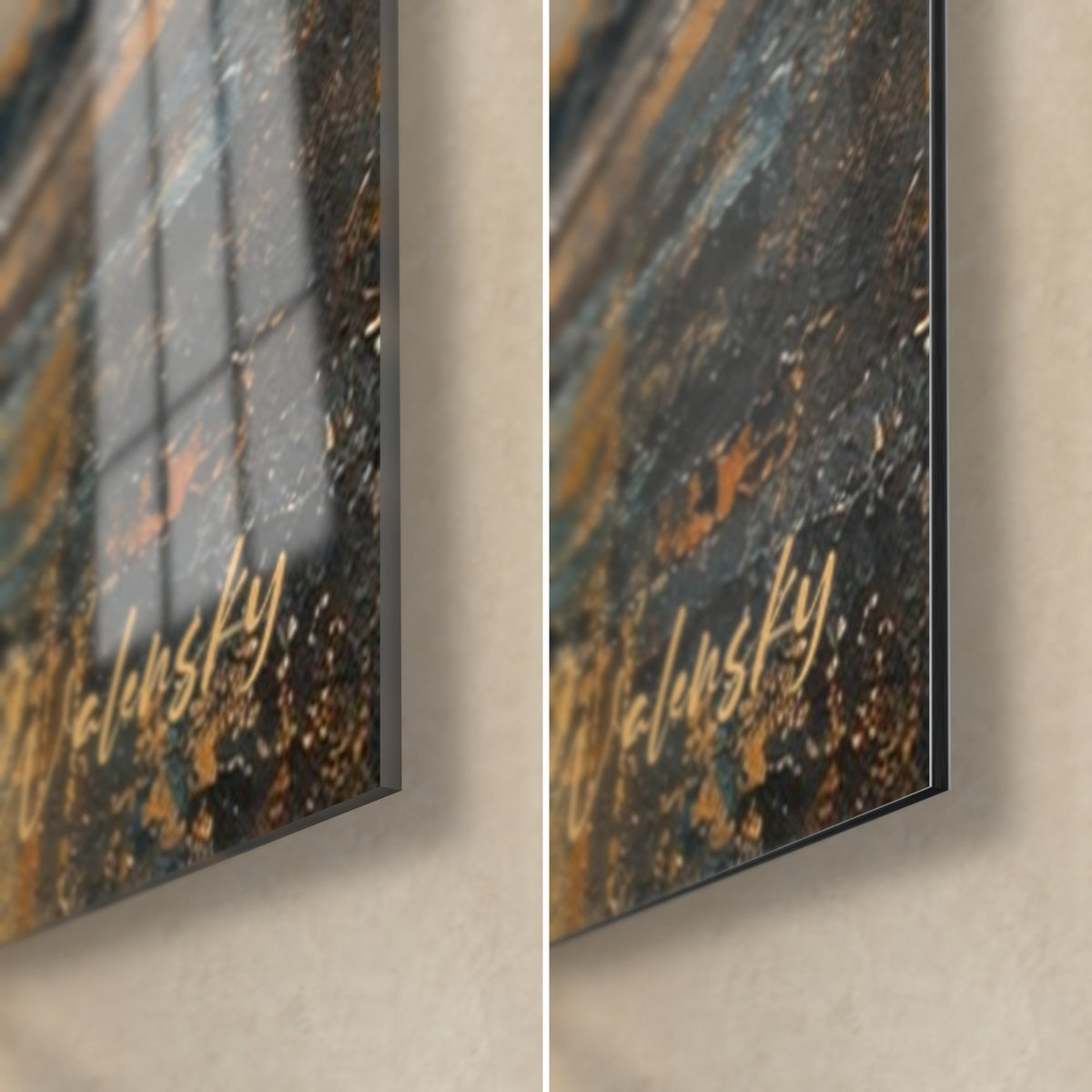 Tableau destrier brun au galop, coin bas droit : verre brillant reflétant la fenêtre, Dibond mat noir, tranche de 3 mm