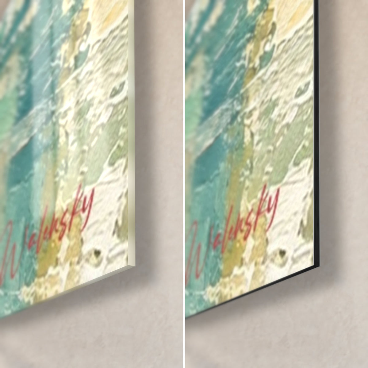 Tableau cheval au galop, coin bas droit : verre brillant à gauche, Dibond mat à droite, signature rouge sur turquoise et ocre