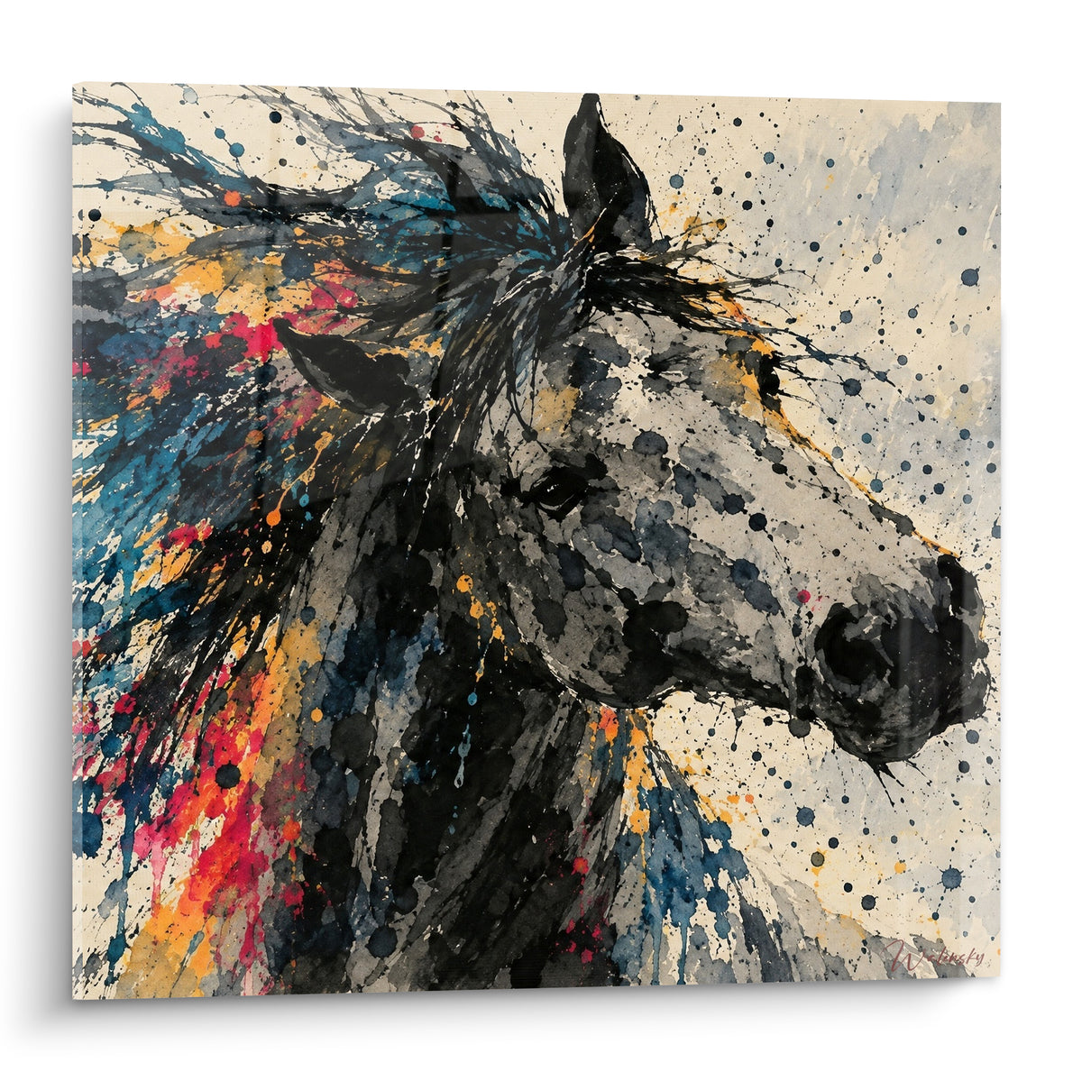Tableau cheval tête noire et éclaboussures bleu marine et rose sur fond ivoire texturé