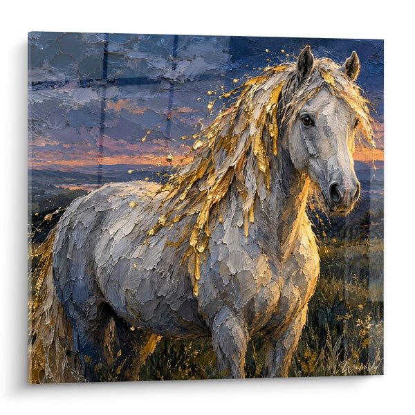 Tableau Cheval gris à crinière dorée - Veillée au couchant - Edition Cheval