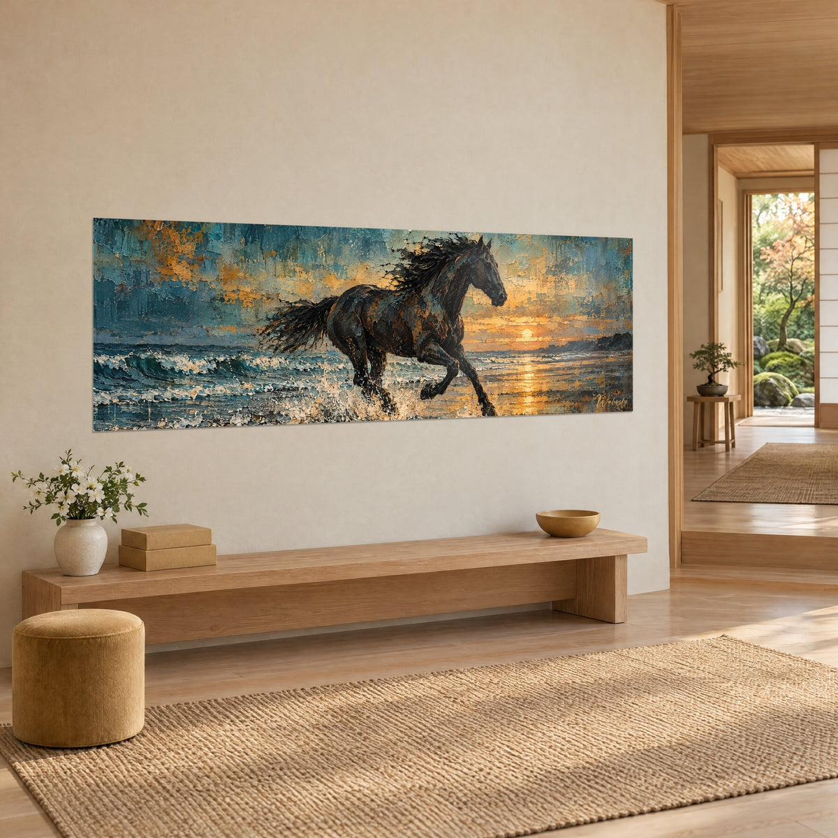 Tableau cheval sombre à la crinière fouettée, vagues bleues et soleil doré, vu de trois-quarts sur un mur crème