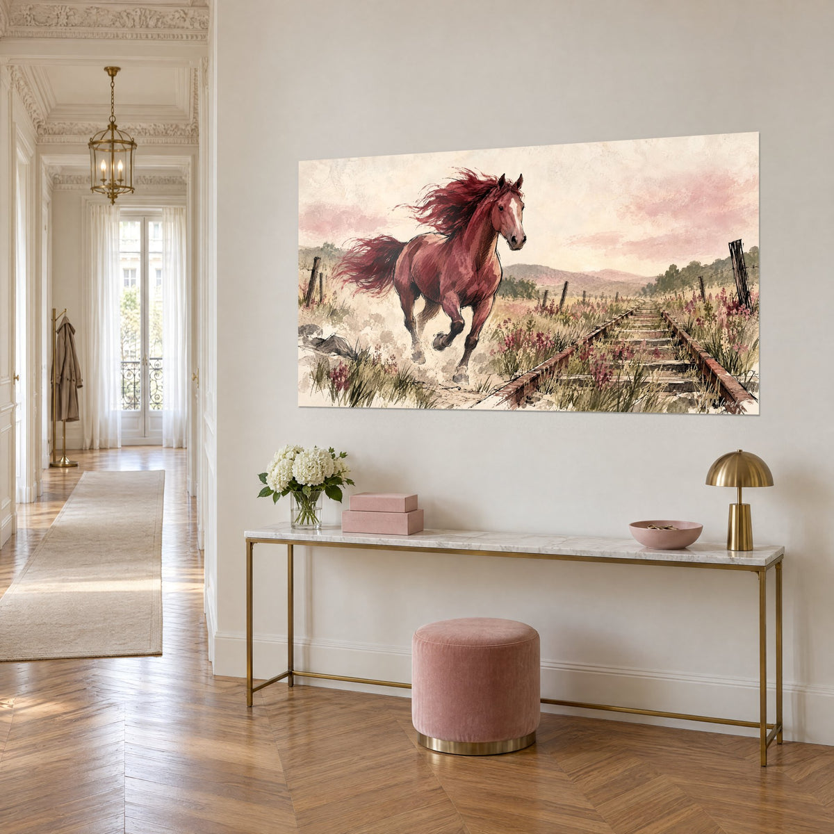 Tableau cheval cuivré courant près de rails rouillés fleuris de pourpre, ciel rosé, accroché au-dessus d'une console dorée