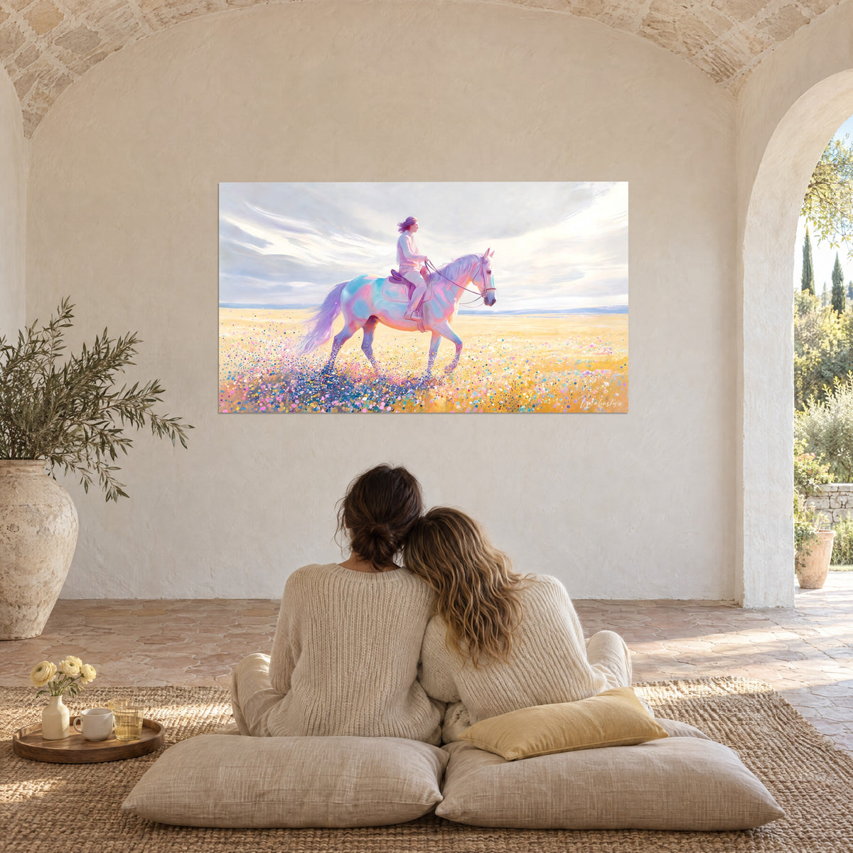 Tableau équitation rêveuse sur prairie safran parsemée de pétales rose et bleu, couple enlacé de dos sur des coussins dans un mas provençal