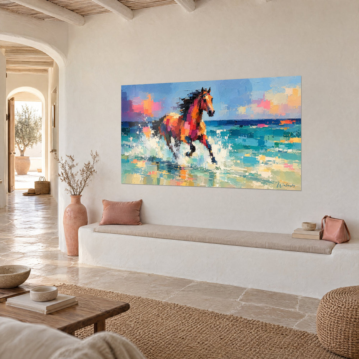 Tableau crinière noire fouettée par le vent, robe orange et rose sur mer turquoise, mur blanc d'une maison méditerranéenne