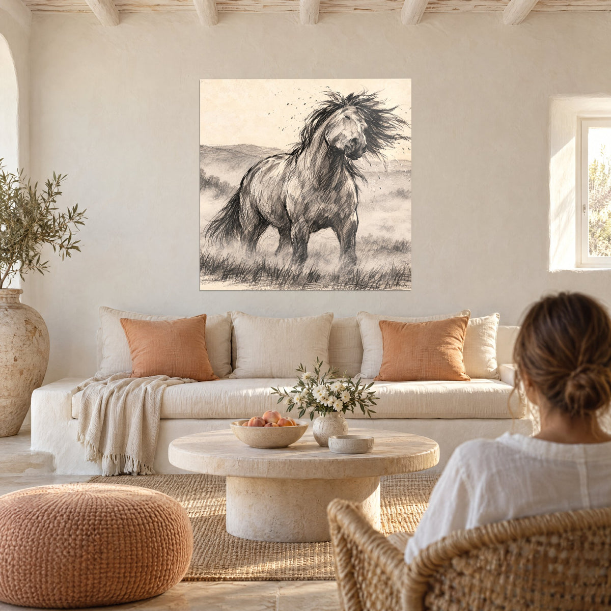 Tableau étalon sauvage secouant sa crinière noire, croquis fusain gris sur fond crème, au-dessus d'un canapé dans un salon lumineux