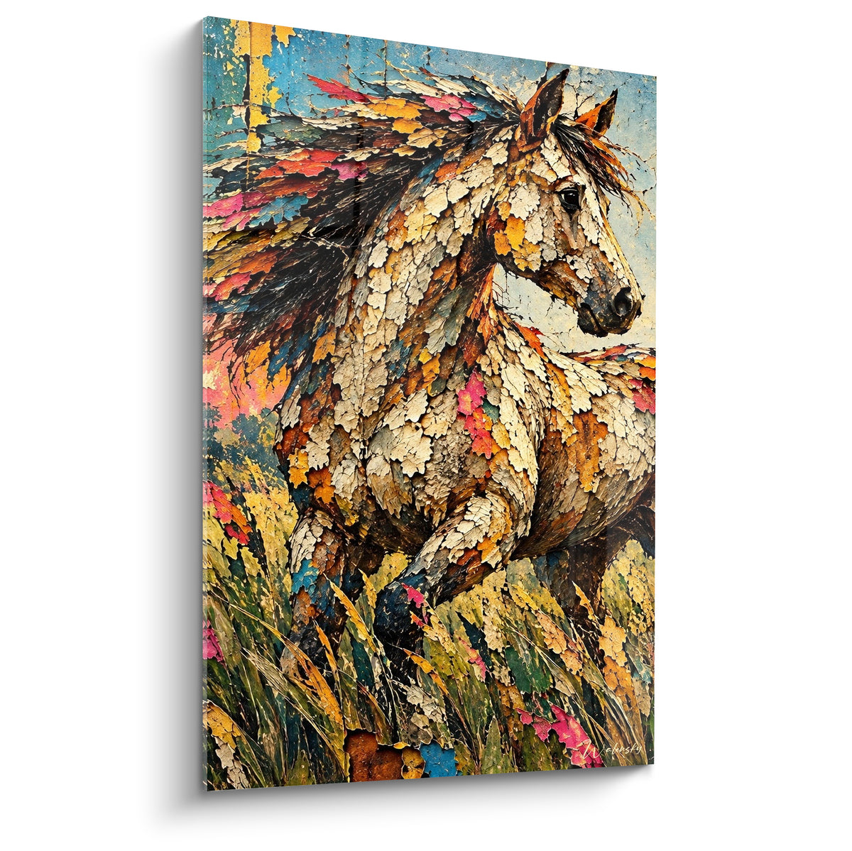 Tableau cheval sauvage à la crinière ocre, rose et bleue dans des herbes dorées craquelées